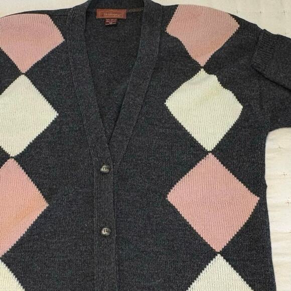Vintage Worthington Argyle Cardigan Sweater Women's M | Gray Pink White V-Neck - Picture 2 of 9